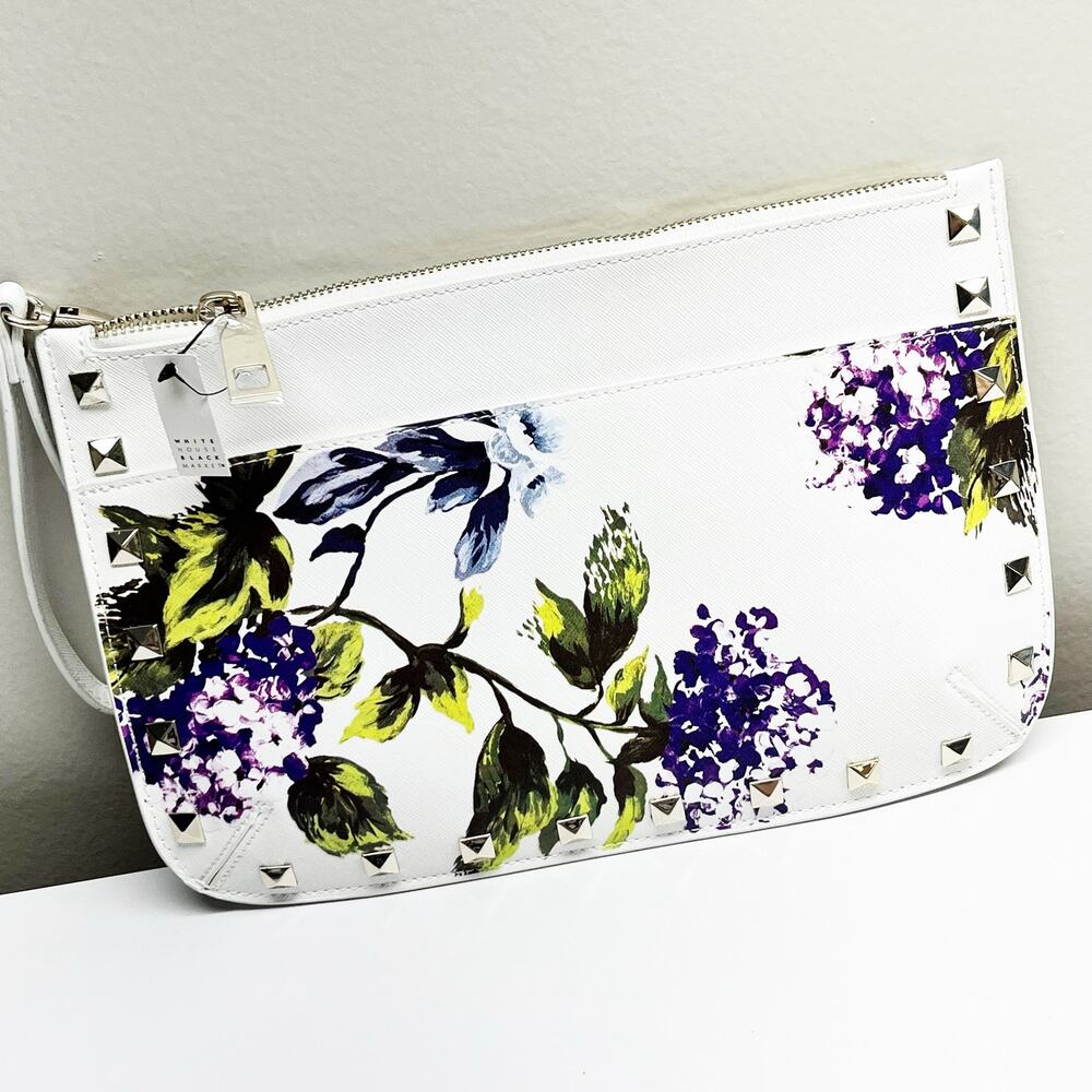 NEW White House Black Market WHBM Purple & White Floral Clutch Purse Bag